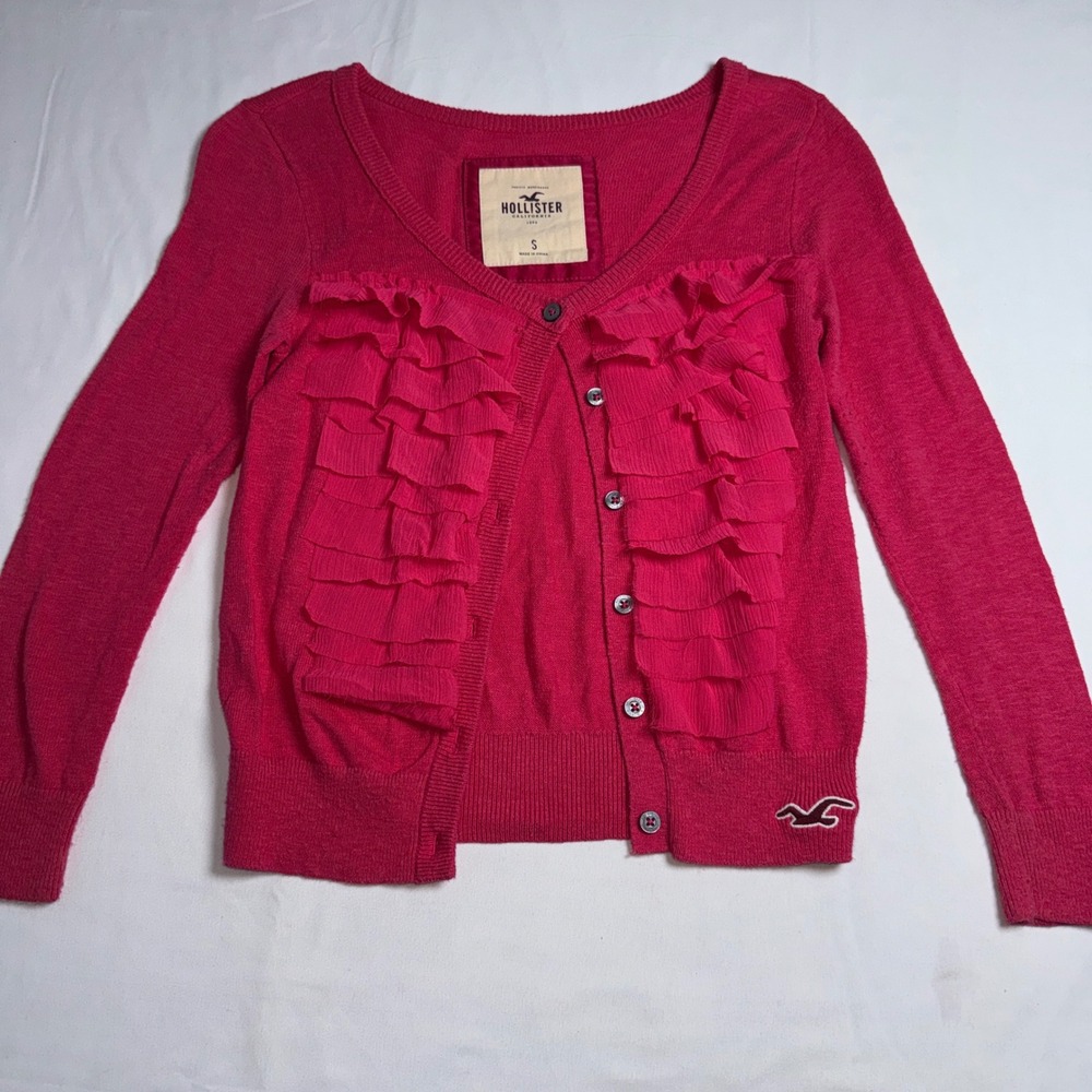 Vintage Hollister Pink Ruffle Front Button Down Cardigan Sweater Small Y2K Logo